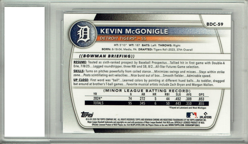 Certified Mint+ Kevin McGonigle 2025 Bowman Chrome #BDC-59 Rookie Card Detroit Tigers