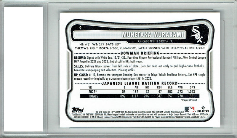 Munetaka Murakami Rookie Card 2026 Bowman #9 Chicago White Sox PGI 10 Gem Mint