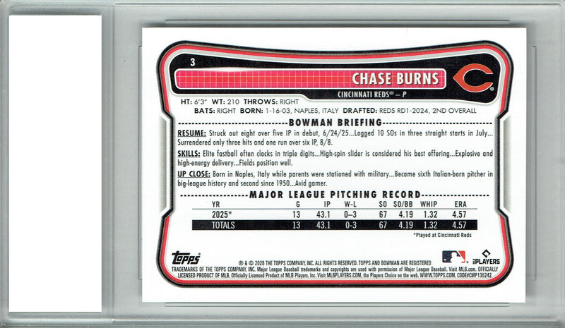 Chase Burns Rookie Card 2026 Bowman #3 Cincinnati Reds Certified Mint+