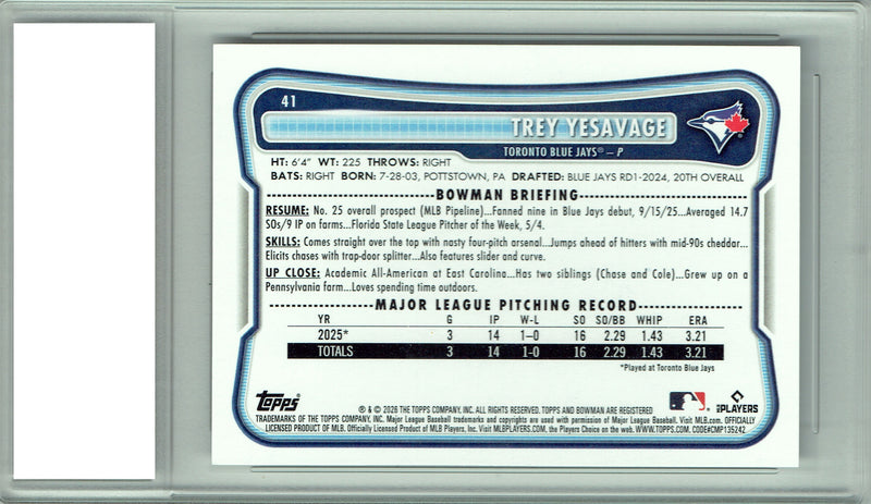 Trey Yesavage Rookie Card 2026 Bowman #41 Toronto Blue Jays Certified Mint+