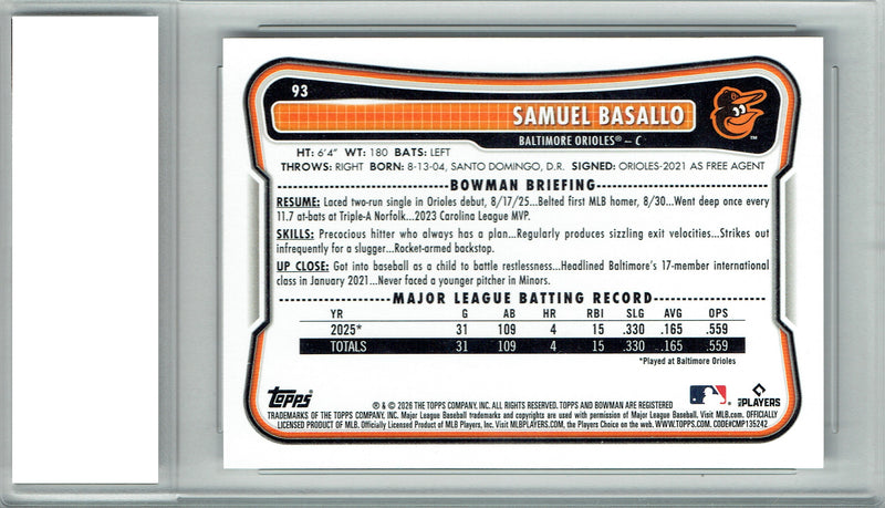 Samuel Basallo Rookie Card 2026 Bowman #93 Baltimore Orioles PGI 10 Gem Mint