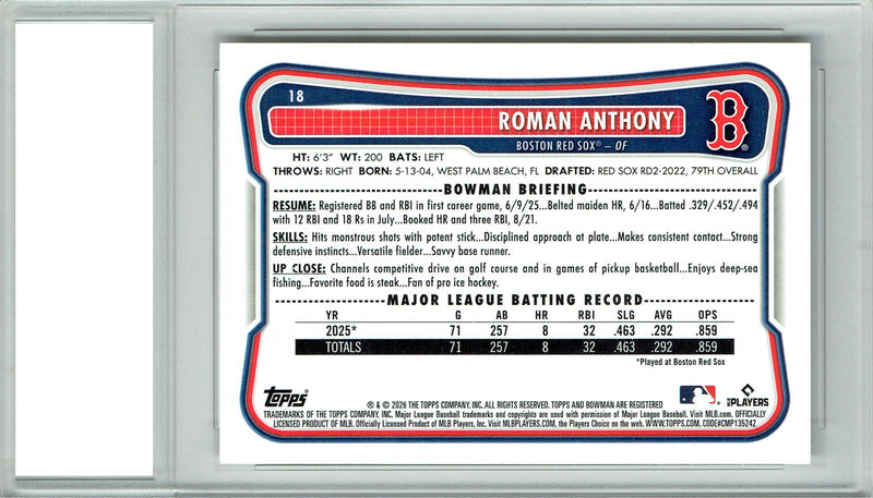Roman Anthony Rookie Card 2026 Bowman #18 Boston Red Sox Certified Mint+