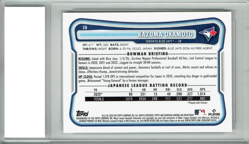 Kazuma Okamoto Rookie Card 2026 Bowman #28 Toronto Blue Jays Certified Mint+