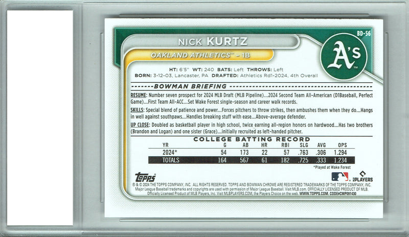Nick Kurtz Rookie Card 2024 1st Bowman #BD-56 Oakland Athletics Certified Mint+