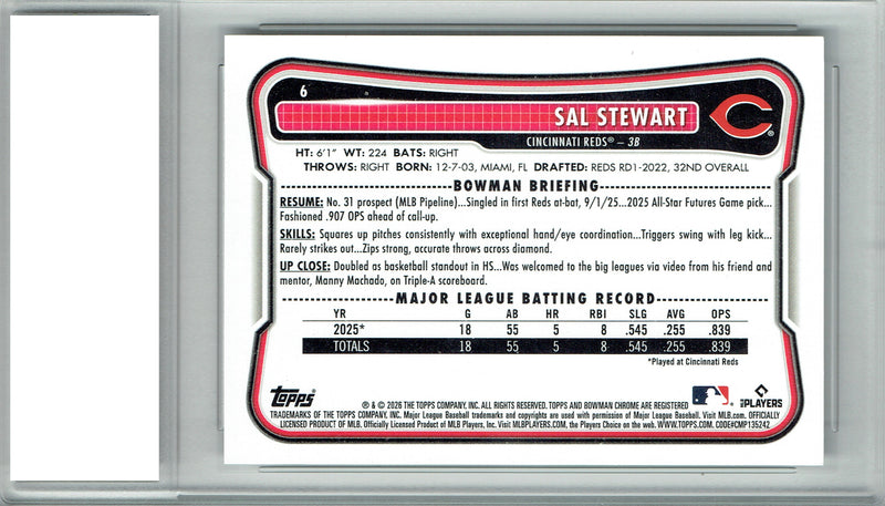 Sal Stewart Rookie Card 2026 Bowman #6 Cincinnati Reds PGI 10 Gem Mint