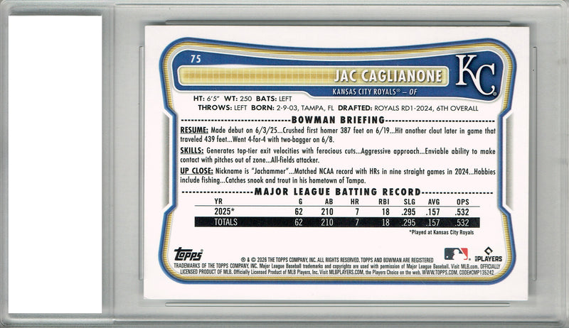 Jac Caglianone Rookie Card 2026 Bowman #75 Kansas City Royals PGI 10 Gem Mint