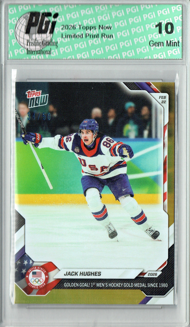 Jack Hughes 2026 Topps Now #18 Gold Foil #34/50 Rare Trading Card PGI 10 Team USA Hockey