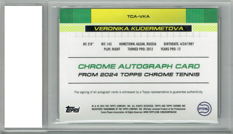 Veronika Kudermetova 2025 Topps Chrome #TCA-VKA Auto Rare Trading Card PGI 10 Gem Mint