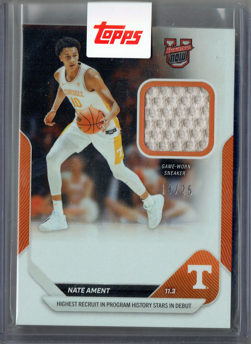 Mint Nate Ament Rookie Card 2025 Bowman University Now #3A Orange Game Worn Shoe #13/25 Tennessee