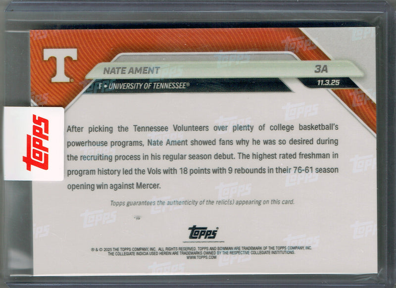 Mint Nate Ament Rookie Card 2025 Bowman University Now #3A Orange Game Worn Shoe #13/25 Tennessee