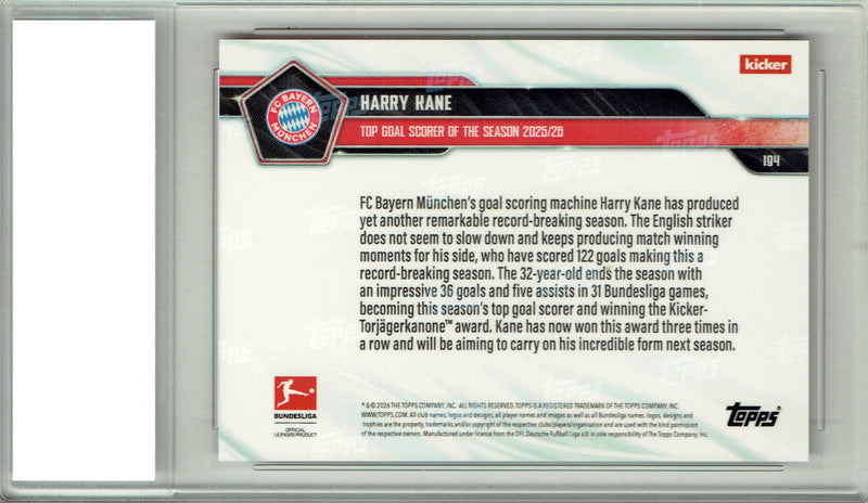 Harry Kane 2026 Topps Now #194 Orange Foil Only 25 Made Rare Trading Card PGI 10 Gem Mint