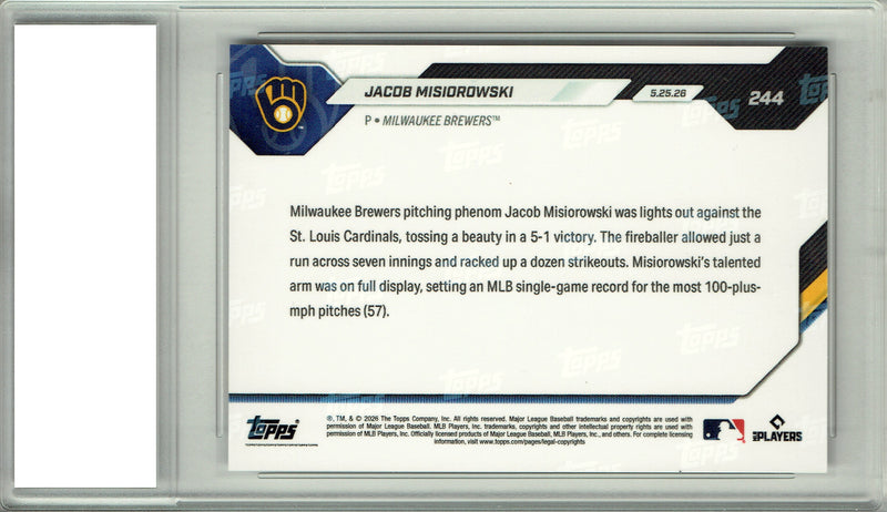 Jacob Misiorowski Rookie Card 2026 Topps Now #244 100 MPH Pitches, PGI 10, Milwaukee Brewers Baseball