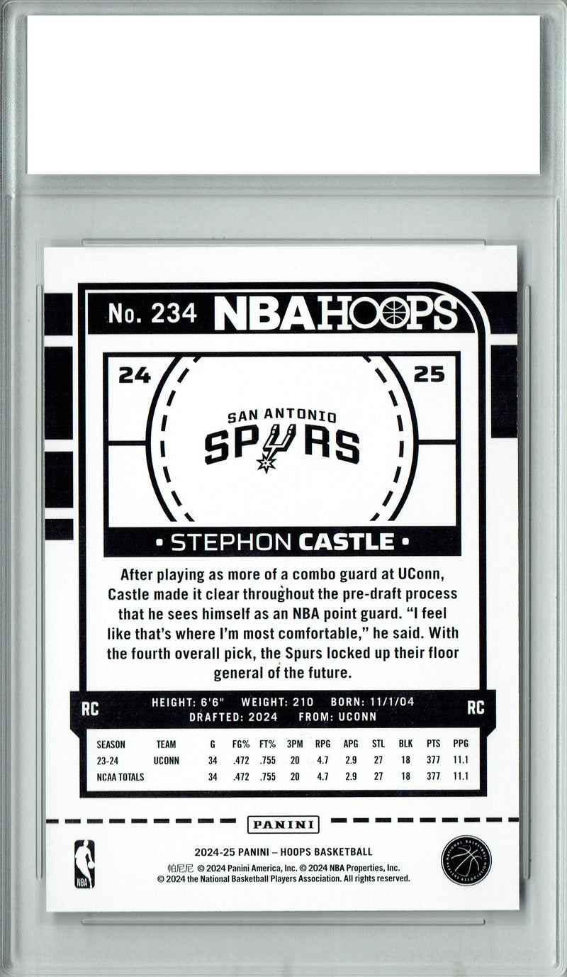 Stephon Castle Rookie Card 2024 NBA Hoops #234, PGI 10, San Antonio Spurs Basketball