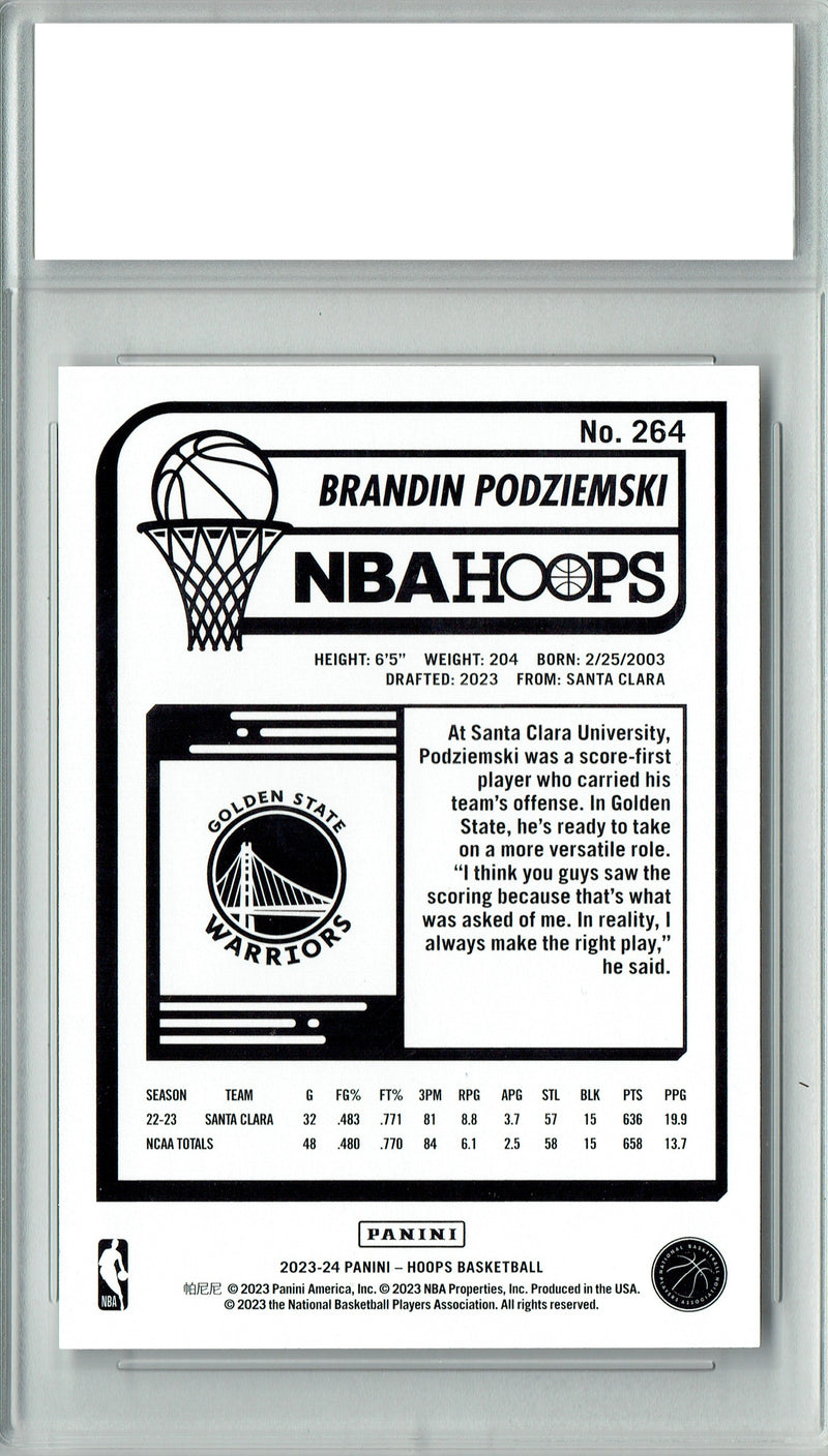 Brandin Podziemski Rookie Card 2023 NBA Hoops #264, PGI 10, Golden State Warriors Basketball