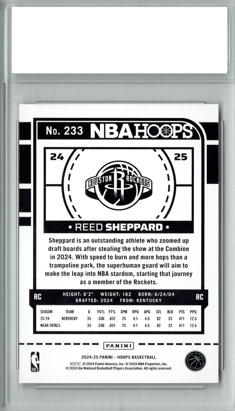 Reed Sheppard Rookie Card 2024 NBA Hoops #233, PGI 10, Houston Rockets Basketball