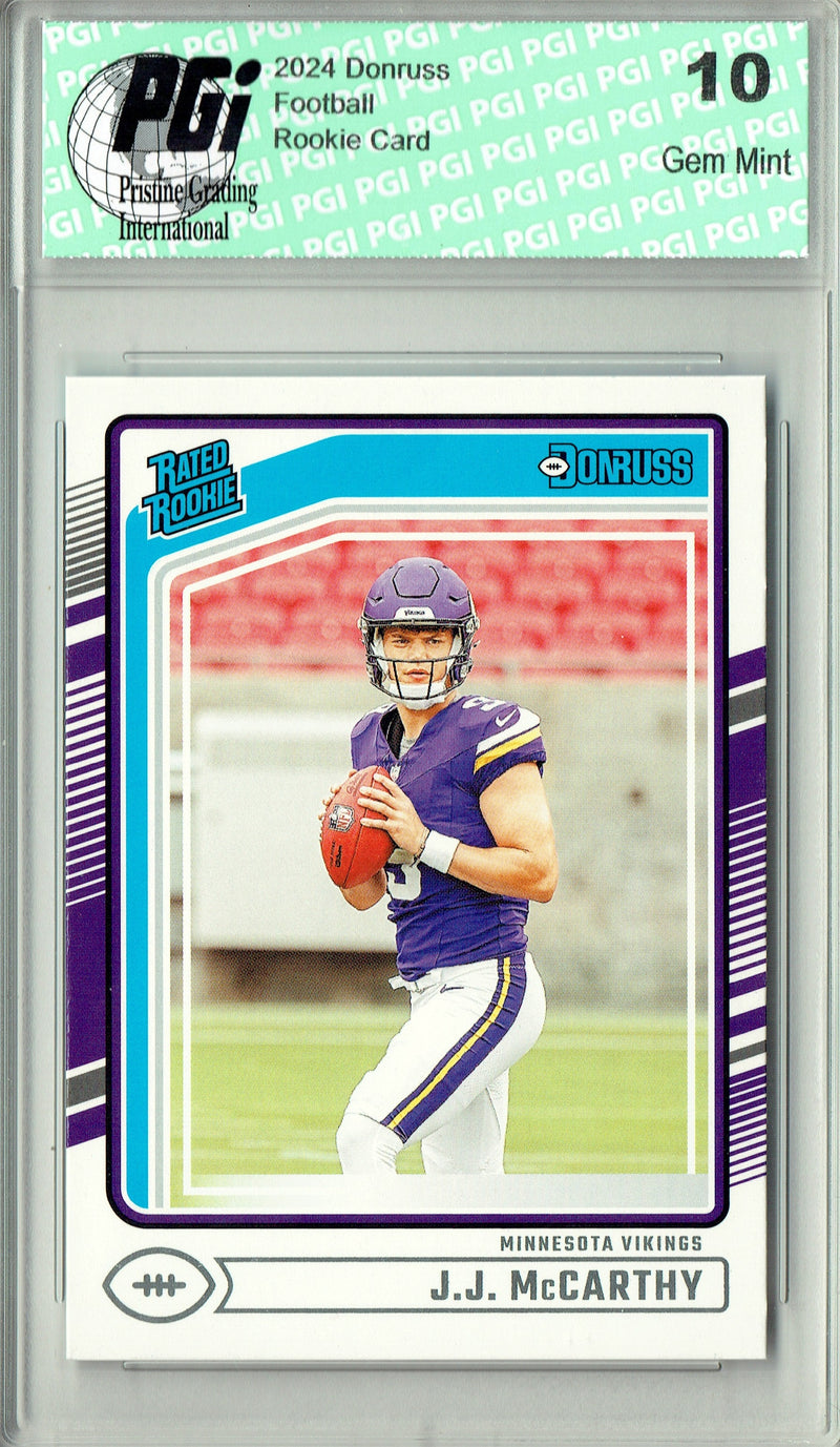 J.J. McCarthy Rookie Card 2024 Donruss Football #303, PGI 10, Minnesota Vikings Football