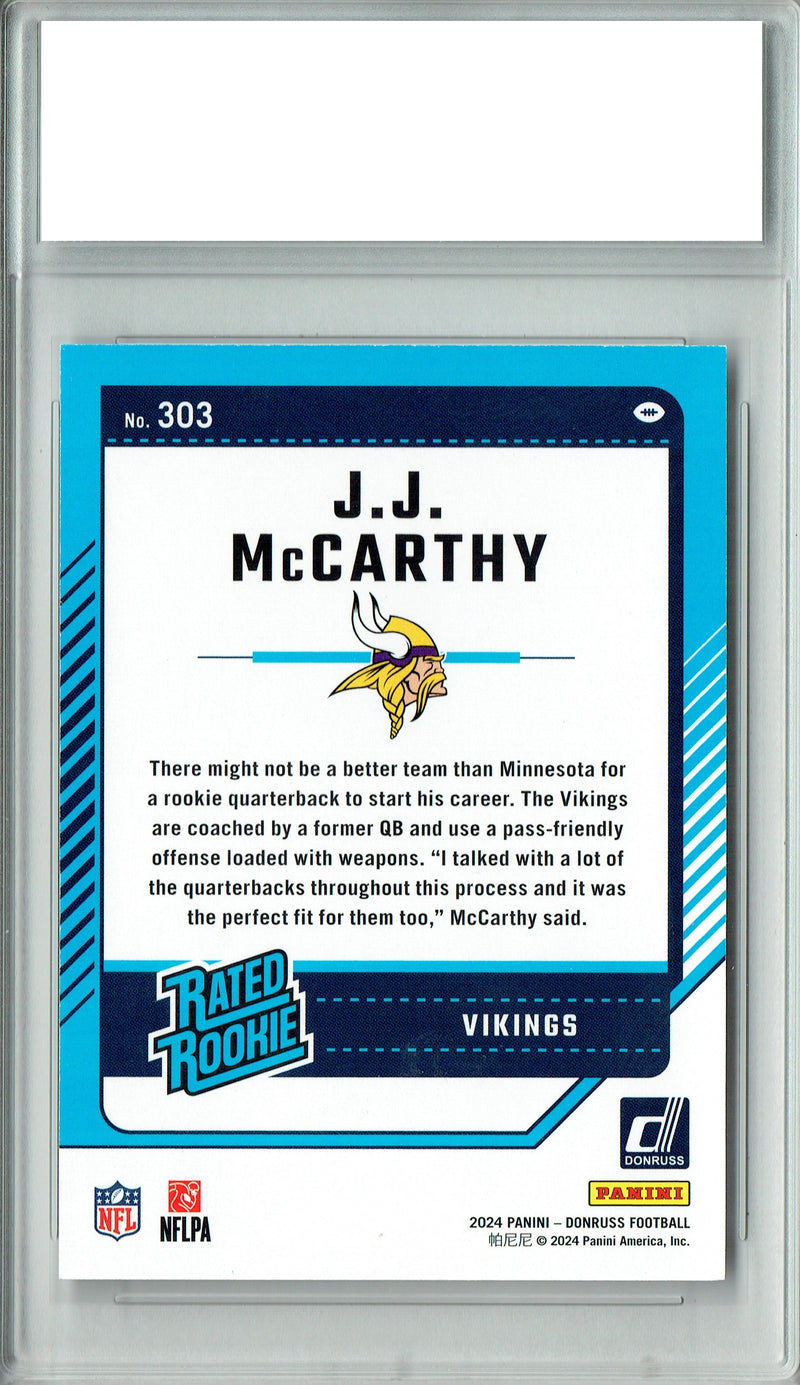 J.J. McCarthy Rookie Card 2024 Donruss Football #303, Certified Mint+ Condition, Minnesota Vikings Football