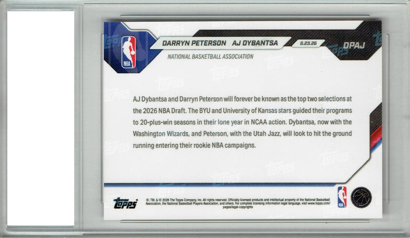 A.J. Dybantsa/Darryn Peterson Rookie Card 2026 Topps Now #DPAJ Draft Night, PGI 10, Washington Wizards Basketball