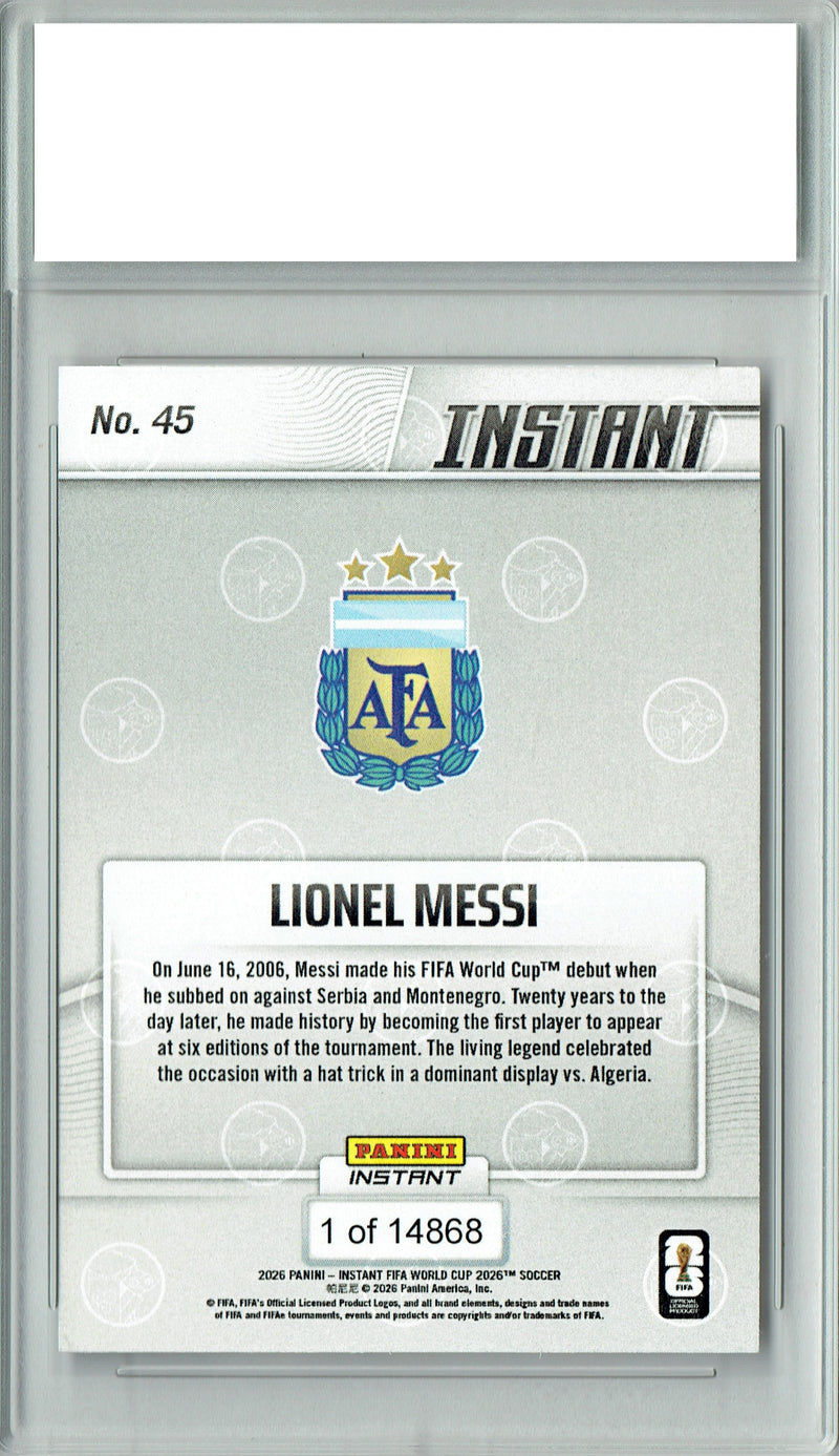 Lionel Messi Trading Card 2026 Panini Instant #45 World Cup Argentina Ace, Certified Mint+ Condition, Argentina Soccer