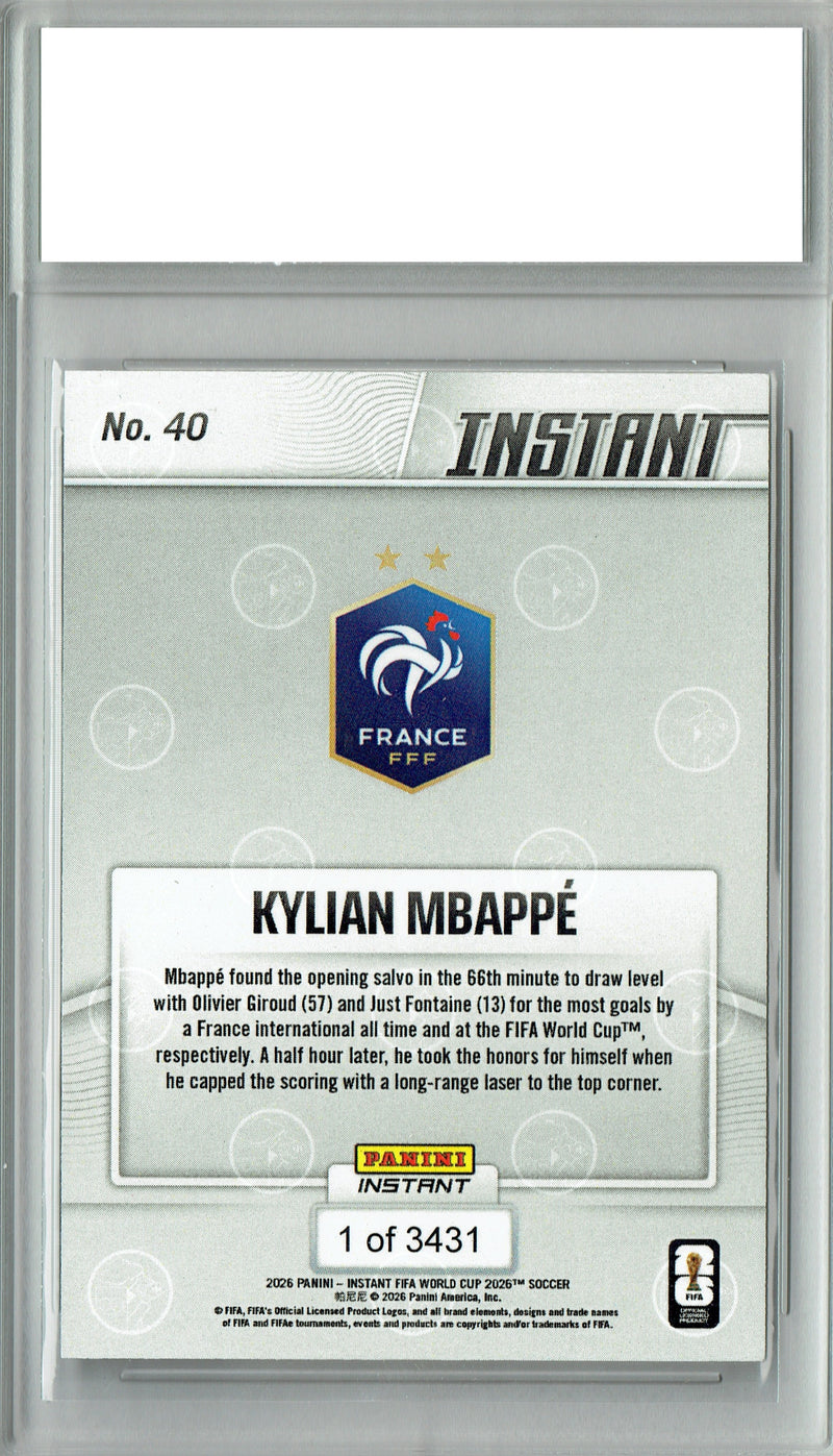 Kylian Mbappe Trading Card 2026 Panini Instant #40 Takes Team Goals Crown, Certified Mint+ Condition, France Soccer