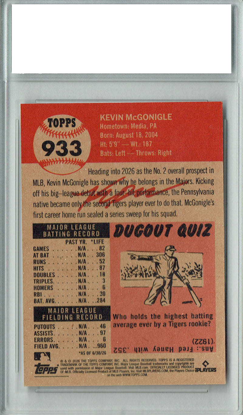Kevin McGonigle Rookie Card 2026 Topps Living Set #933 0, Certified Mint+ Condition, Detroit Tigers Baseball