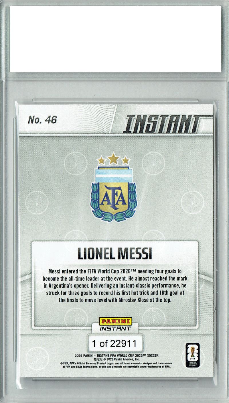 Lionel Messi Trading Card 2026 Panini Instant #46 Magical Messi Ties Goals Record, Certified Mint+ Condition, Argentina Soccer