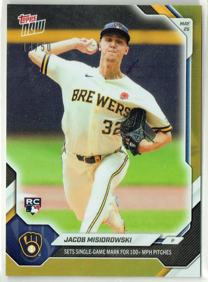 Jacob Misiorowski Rookie Card 2026 Topps Now #244 Gold Foil #14/50, Mint Condition, Milwaukee Brewers Baseball