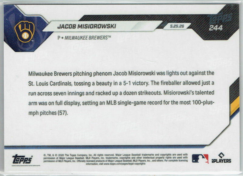 Jacob Misiorowski Rookie Card 2026 Topps Now #244 Orange Foil #24/25, Mint Condition, Milwaukee Brewers Baseball