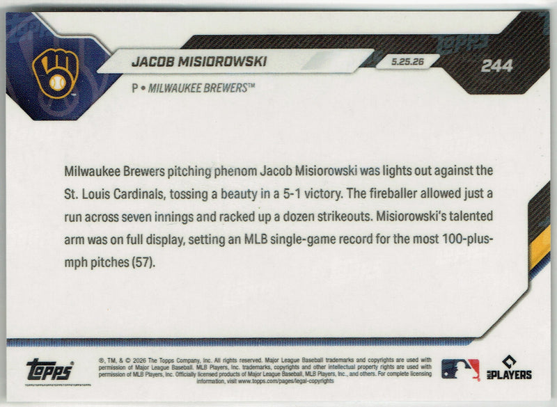 Jacob Misiorowski Rookie Card 2026 Topps Now #244 Gold Foil #14/50, Mint Condition, Milwaukee Brewers Baseball