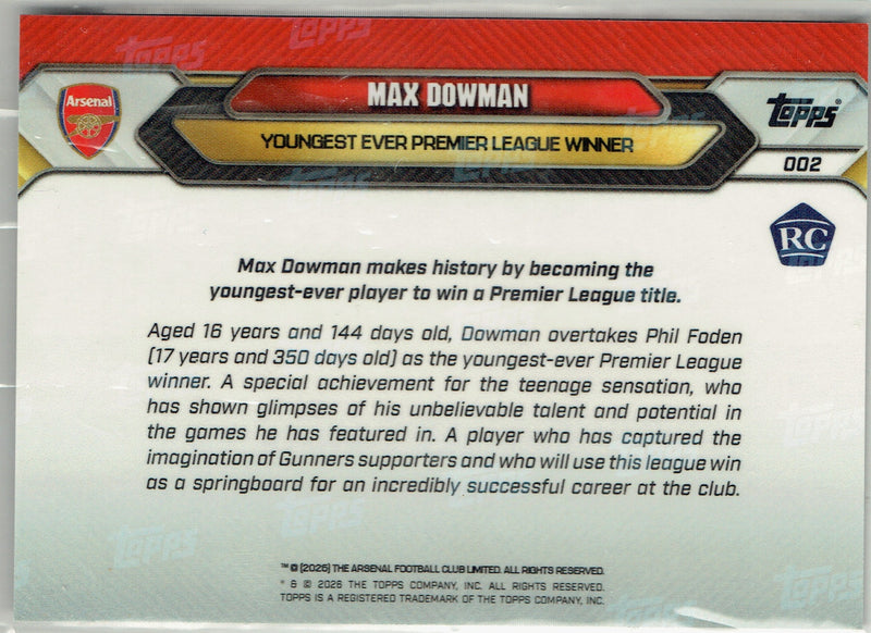 Mint Max Dowman 2026 Topps Now #2 Youngest Premier League Winner Rookie Card