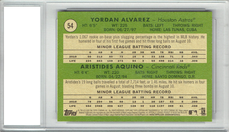 Yordan Alvarez Rookie Card 2020 Topps Heritage #54, PGI 10, Houston Astros Baseball
