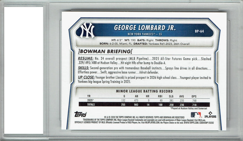 George Lombard Rookie Card 2026 Bowman #BP-64, PGI 10, New York Yankees Baseball