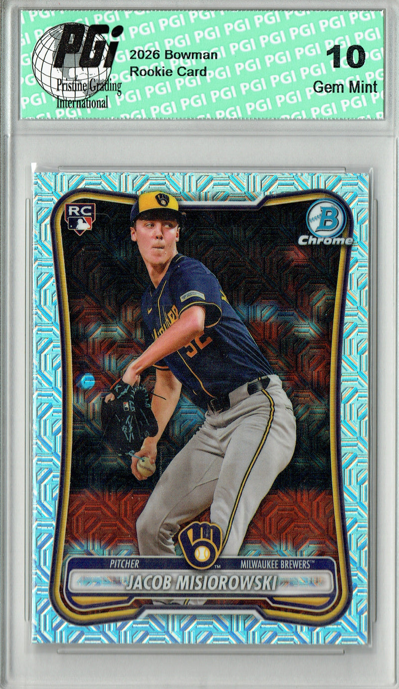 Jacob Misiorowski Rookie Card 2026 Bowman #35 Mega Refractor, PGI 10, Milwaukee Brewers Baseball