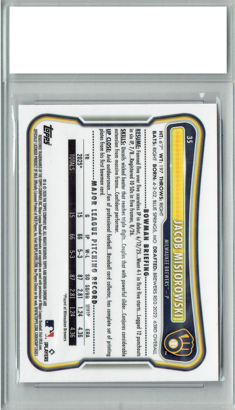 Jacob Misiorowski Rookie Card 2026 Bowman #35 Mega Refractor, PGI 10, Milwaukee Brewers Baseball
