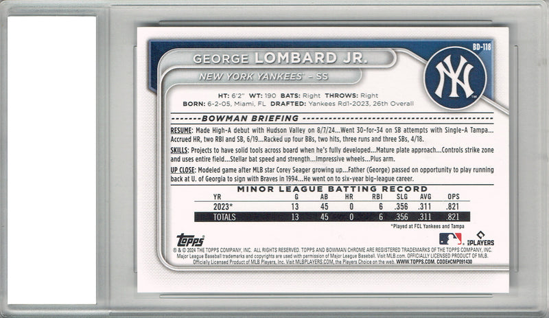 George Lombard Jr. Rookie Card 2024 Bowman Draft #BD-118, PGI 10, New York Yankees Baseball