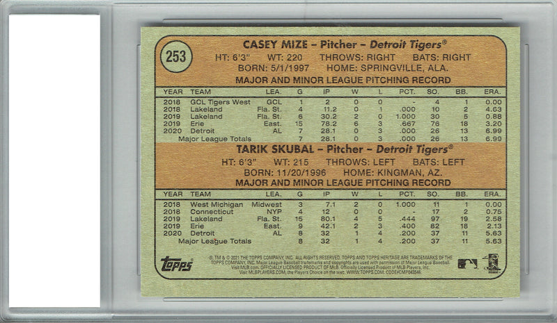 Tariq Skubal Rookie Card 2021 Topps Heritage #253 w/ Casey Mize, Certified Mint+ Condition, Los Angeles Dodgers Baseball