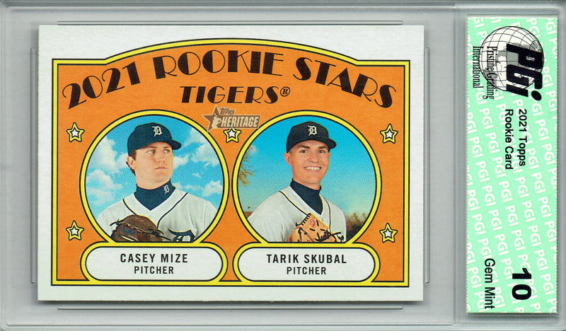Tariq Skubal Rookie Card 2021 Topps Heritage #253 w Casey Mize, PGI 10, Los Angeles Dodgers Baseball