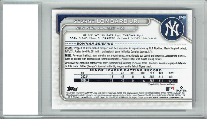 George Lombard Jr. Rookie Card 2024 Bowman #BP-79 1st, PGI 10, New York Yankees Baseball
