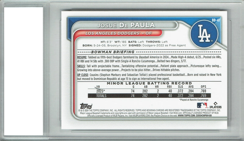 Josue De Paula Rookie Card 2024 Bowman #BD-47, PGI 10, Los Angeles Dodgers Baseball