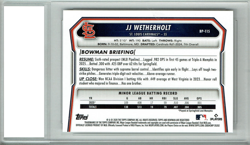 J.J. Wetherholt Rookie Card 2026 Bowman #BP-115 0, Certified Mint+ Condition, St. Louis Cardinals Baseball
