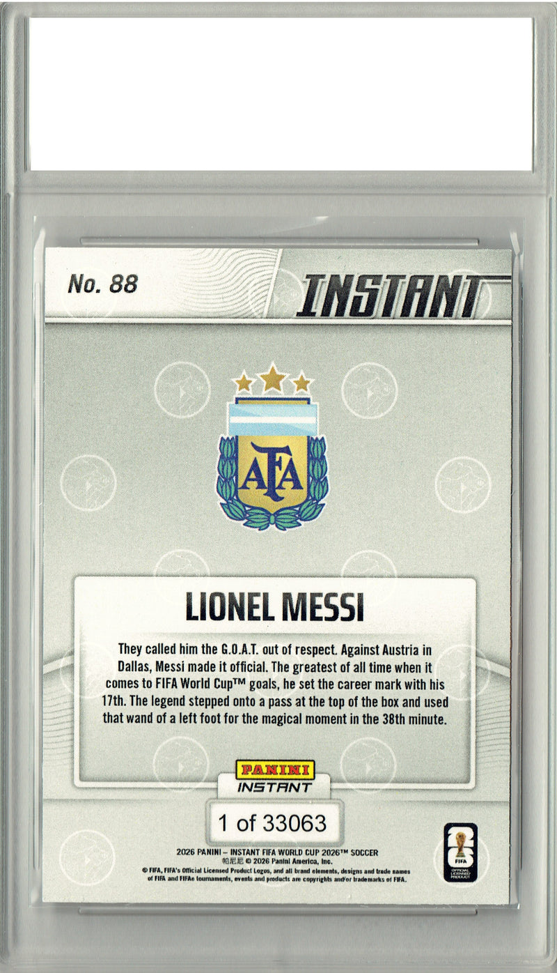 Lionel Messi Trading Card 2026 Panini Instant #88 Sets W.C. Goals Mark, Certified Mint+ Condition, Argentina Soccer