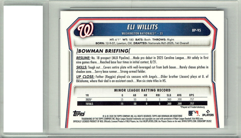 Eli Willits Rookie Card 2026 Bowman #BP-95 0, Certified Mint+ Condition, Washington Nationals Baseball