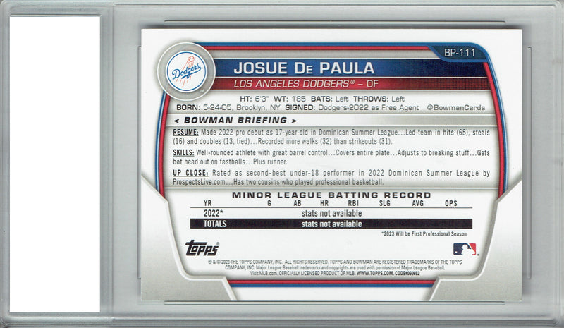 Josue De Paula Rookie Card 2023 1st Bowman #BP-111, PGI 10, Los Angeles Dodgers Baseball