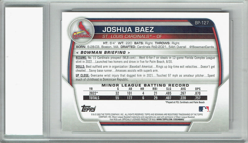 Joshua Baez Rookie Card 2023 Bowman Prospects #BP-127, PGI 10, St. Louis Cardinals Baseball