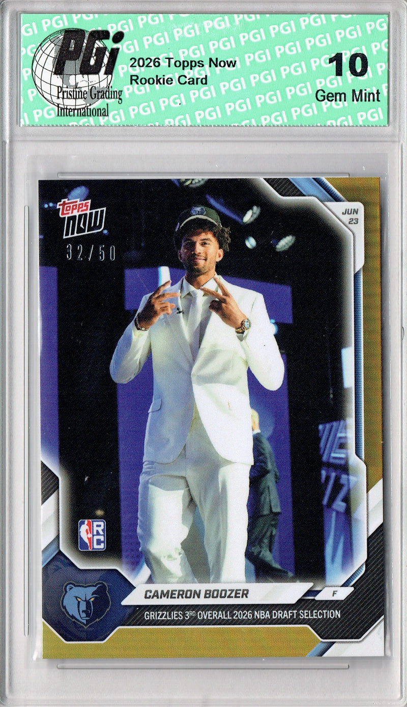 Cameron Boozer Rookie Card 2026 Topps Now #CB00 Draft Night Gold #32/50, PGI 10, Memphis Grizzlies Basketball