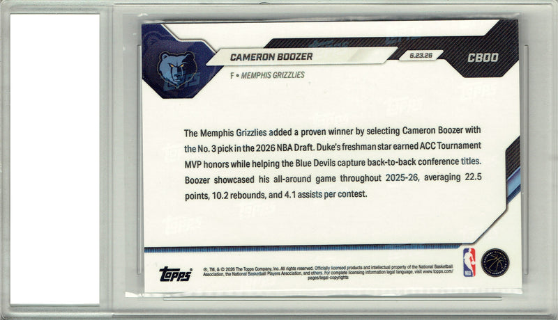 Cameron Boozer Rookie Card 2026 Topps Now #CB00 Draft Night Gold #32/50, PGI 10, Memphis Grizzlies Basketball