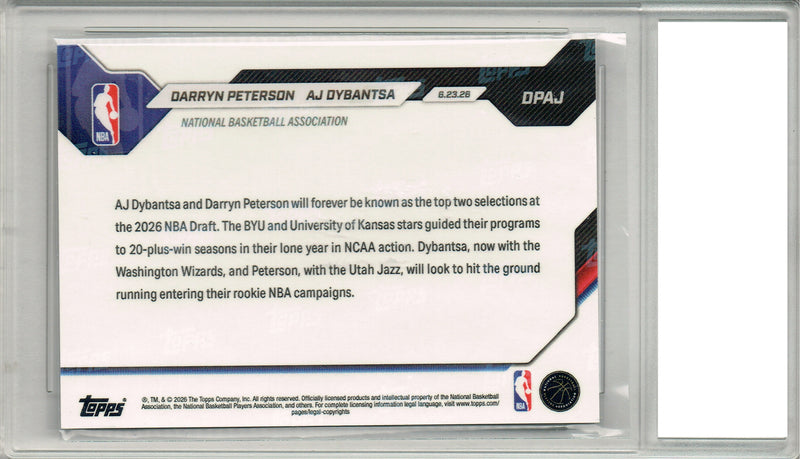 A.J. Dybantsa/Darryn Peterson Rookie Card 2026 Topps Now #DBAJ Gold #8/50, PGI 10, Washington Wizards Basketball