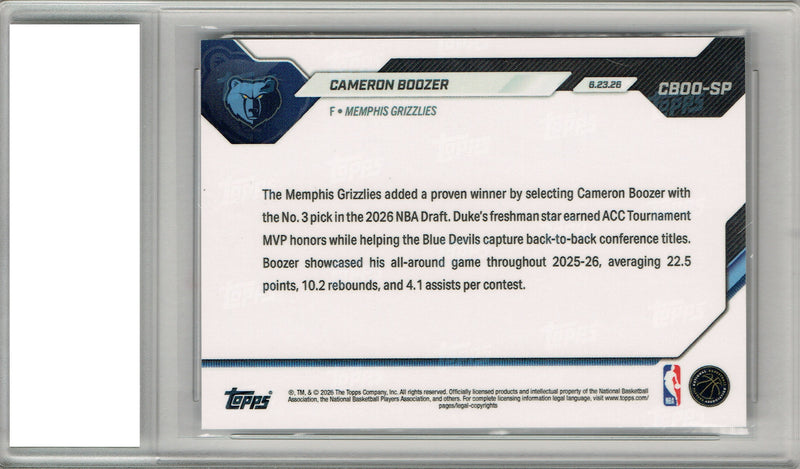 Cameron Boozer Rookie Card 2026 Topps Now #CB00-SP Image Variation SP, PGI 10, Memphis Grizzlies Basketball