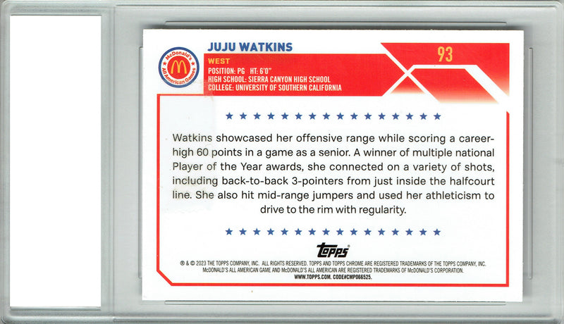JuJu Watkins 2023 Topps Chrome #93 McDonalds All-Americans Rookie Card PGI 10