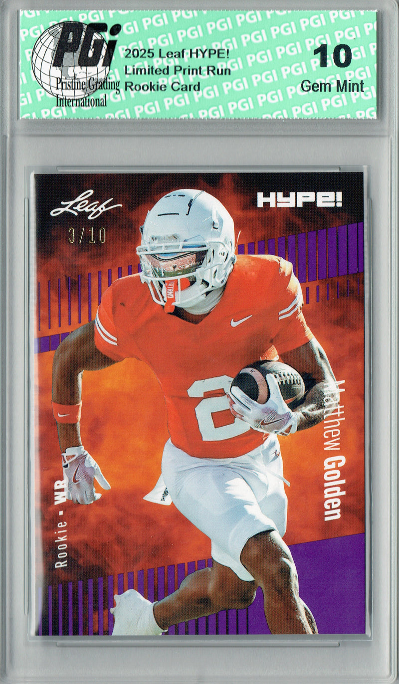Matthew Golden Rookie Card Green Bay PGI 10 Football Trading Card 2025 Leaf HYPE! #186 Purple 10 Made